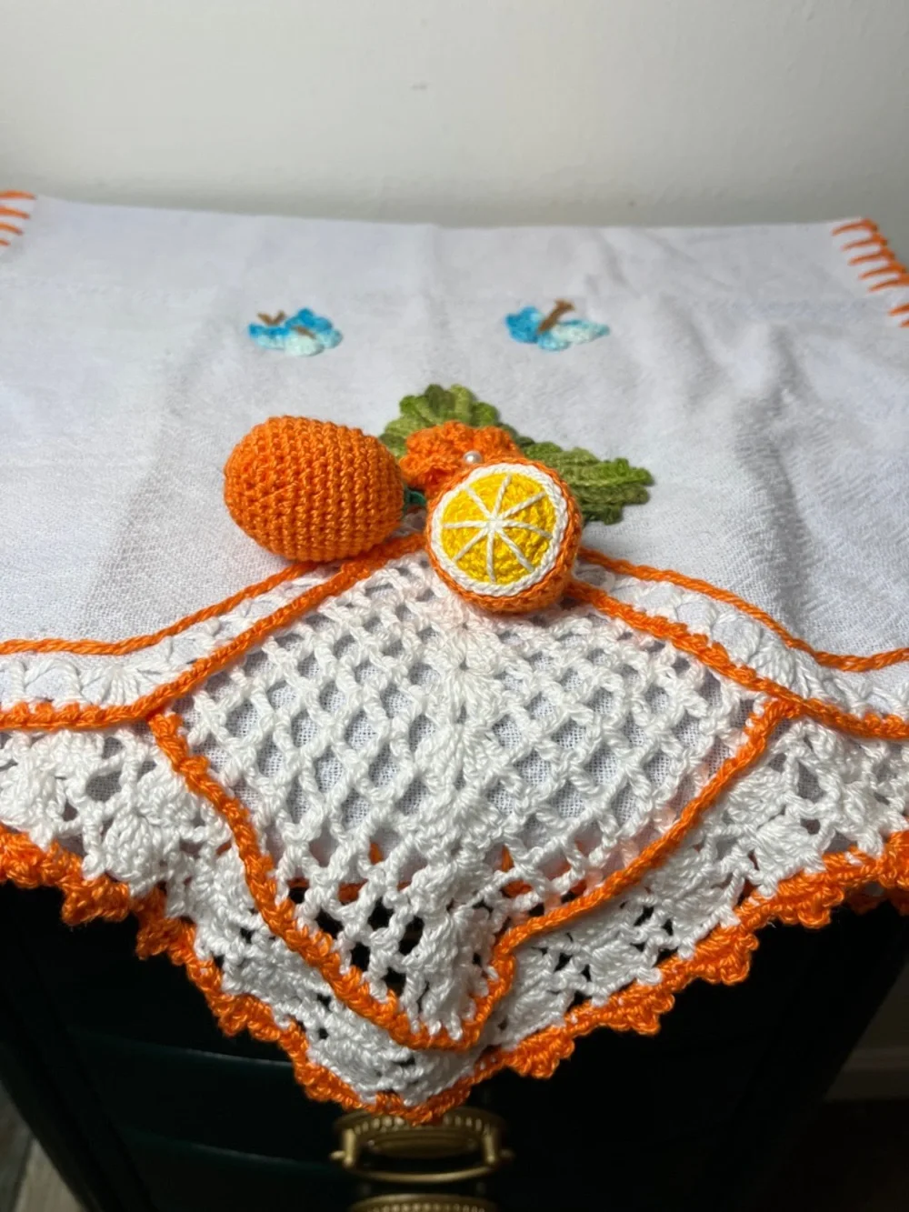 Handcrafted Linen Cotton Embroidered 3D Amigurumi Orange Fruit Kitchen Tea Towel